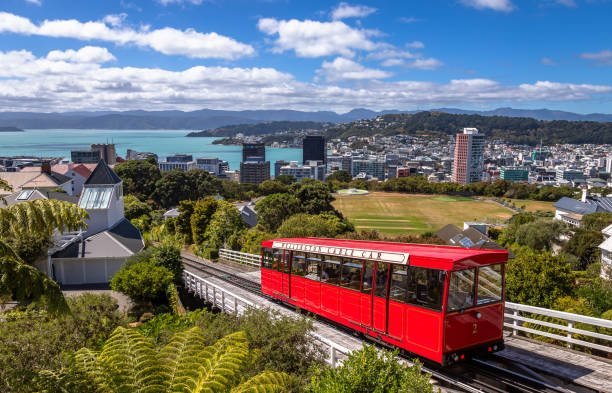 A red cable car climbing a hillside above Wellington, with the city and harbour behind